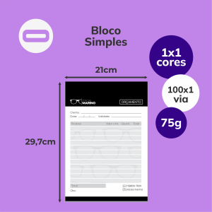 Bloco Simples 100x1 Via Papel Offset 75g/m² 21x29,7 cm 1x1 Sem Revestimento Blocagem / 100x1 Via 