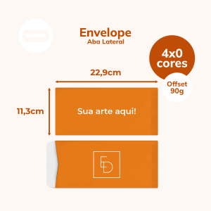 Envelope Aba Lateral Papel Offset 90g/m² 11,3x22,9 cm 4x0 Sem Revestimento Corte e Vinco / Colagem / Faca Padrão 