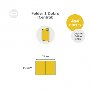Folder 1 Dobra (Central) Papel Couché Fosco 170g/m² 14,8x21 cm Aberto 4x4 Sem Revestimento 1 Dobra Central 10,5x14,8 cm Fechado