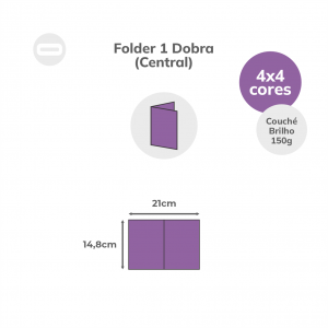 Folder 1 Dobra (Central) Papel Couché Brilho 150g/m² 14,8x21 cm Aberto 4x4 Sem Revestimento 1 Dobra Central 10,5x14,8 cm Fechado