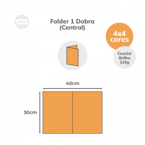 Folder 1 Dobra (Central) Papel Couché Brilho 115g/m² 30x40 cm Aberto 4x4 Sem Revestimento 1 Dobra Central 20x30 cm Fechado