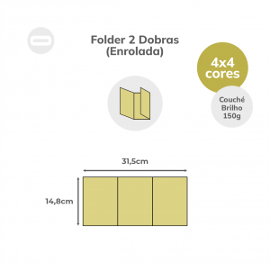 Folder 2 Dobras (Enrolada) Papel Couché Brilho 150g/m² 14,8x31,5 cm Aberto 4x4 Sem Revestimento 2 Dobras Enrolada 10,5x14,8 cm Fechado