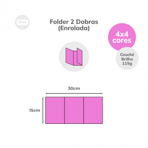 Folder 2 Dobras (Enrolada) Papel Couché Brilho 115g/m² 15x30 cm Aberto 4x4 Sem Revestimento 2 Dobras Enrolada 10x15 cm Fechado