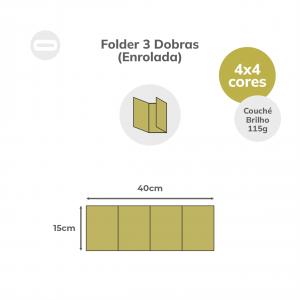 Folder 3 Dobras (Enrolada) Papel Couché Brilho 115g/m² 15x40 cm Aberto 4x4 Sem Revestimento 3 Dobras Enrolada 10x15 cm Fechado