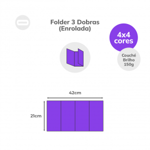 Folder 3 Dobras (Enrolada) Papel Couché Brilho 150g/m² 21x42 cm Aberto 4x4 Sem Revestimento 3 Dobras Enrolada 10,5x21 cm Fechado