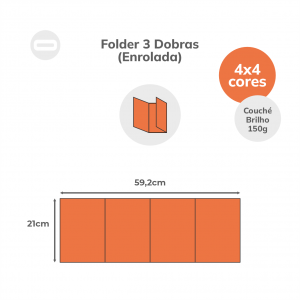 Folder 3 Dobras (Enrolada) Papel Couché Brilho 150g/m² 21x59,2 cm Aberto 4x4 Sem Revestimento 3 Dobras Enrolada 14x21 cm Fechado