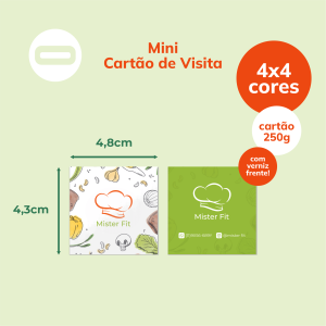 Mini Cartão de Visita Papel Cartão 250g/m² 4,3x4,8 cm 4x4 Verniz Total Brilho Frente Corte Reto 