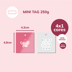 Mini Tag Papel Cartão 250g/m² 4,3x4,8 cm 4x1 Verniz Total Brilho Frente Corte Reto / Furo de 4mm 