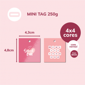 Mini Tag Papel Cartão 250g/m² 4,3x4,8 cm 4x4 Verniz Total Brilho Frente Corte Reto / Furo de 4mm 