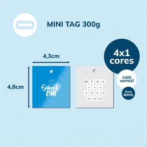 Mini Tag Papel Cartão 300g/m² 4,3x4,8 cm 4x1 Verniz Total Brilho Frente Corte Reto / Furo de 4mm 