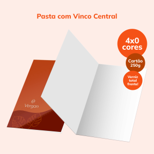 Pasta com Vinco Central Papel Cartão 250g/m² 31x44 cm Aberto 4x0 Verniz Total Brilho Frente 1 Vinco Central 22x31 cm Fechado