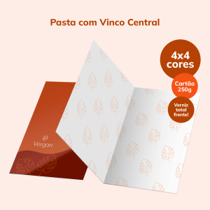 Pasta com Vinco Central Papel Cartão 250g/m² 31x44 cm Aberto 4x4 Verniz Total Brilho Frente 1 Vinco Central 22x31 cm Fechado