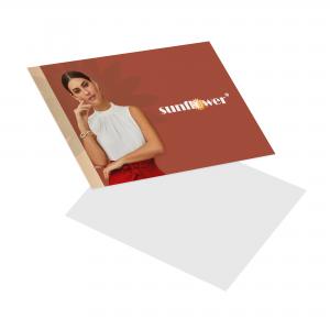 Postal Papel Cartão 300g/m² 14,8x21 cm 4x0 Laminação BOPP Fosca Frente e Verso com Verniz UV Local Frente Corte Reto 